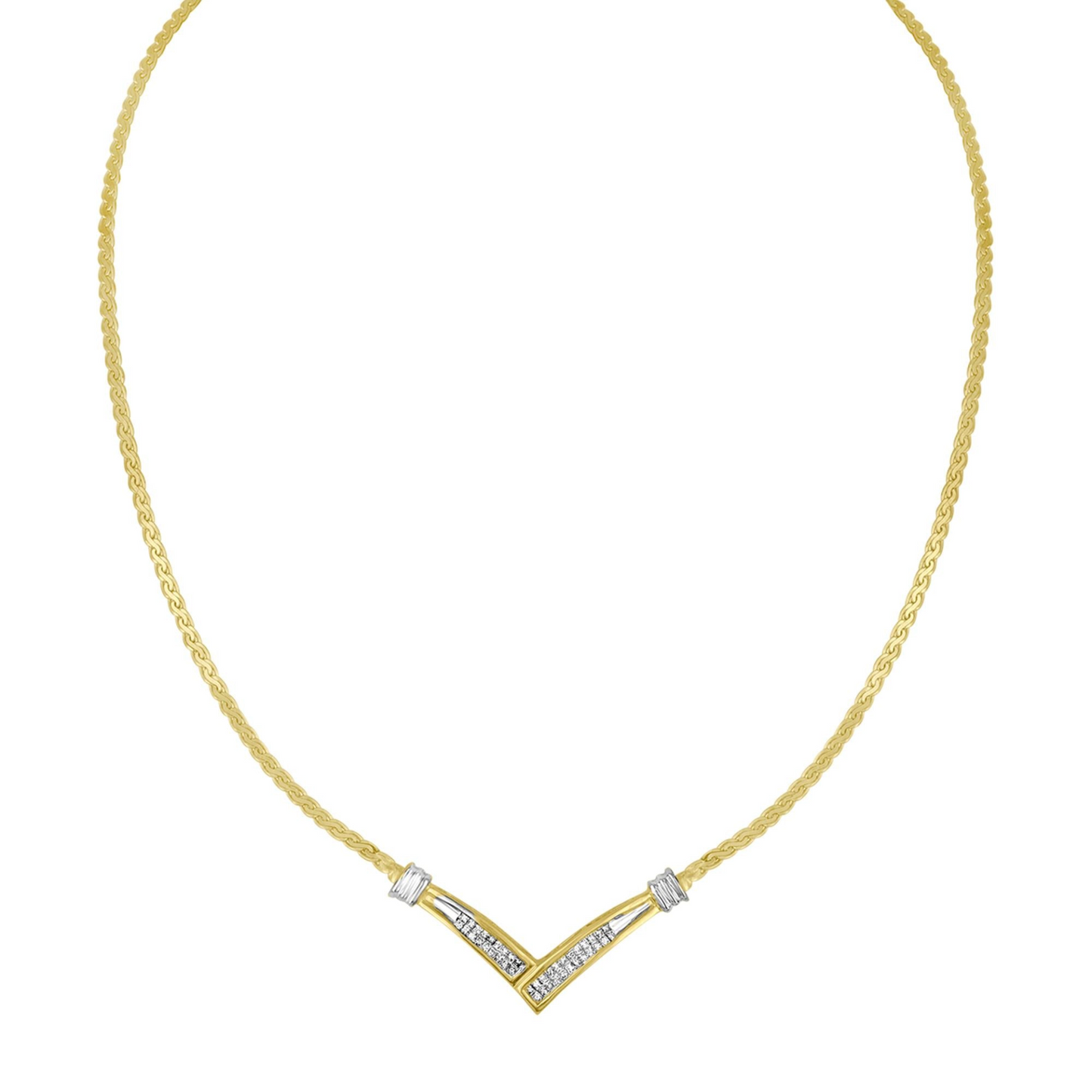10K Yellow and White Gold 1/2 Cttw Princess Cut Diamond Channel-Set “V” Shape 18" Franco Chain Necklace (H-I Color, SI2-I1 Clarity)