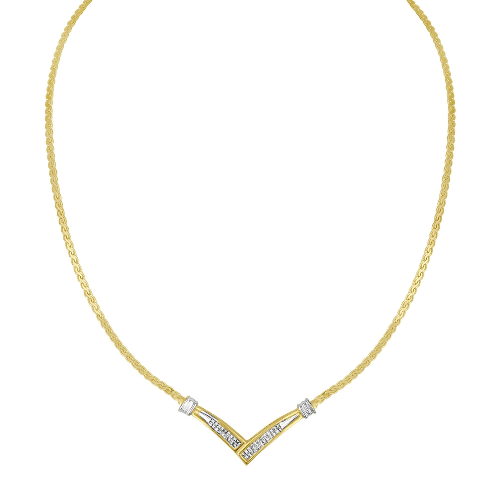 10K Yellow and White Gold 1/2 Cttw Princess Cut Diamond Channel-Set “V” Shape 18" Franco Chain Necklace (H-I Color, SI2-I1 Clarity)