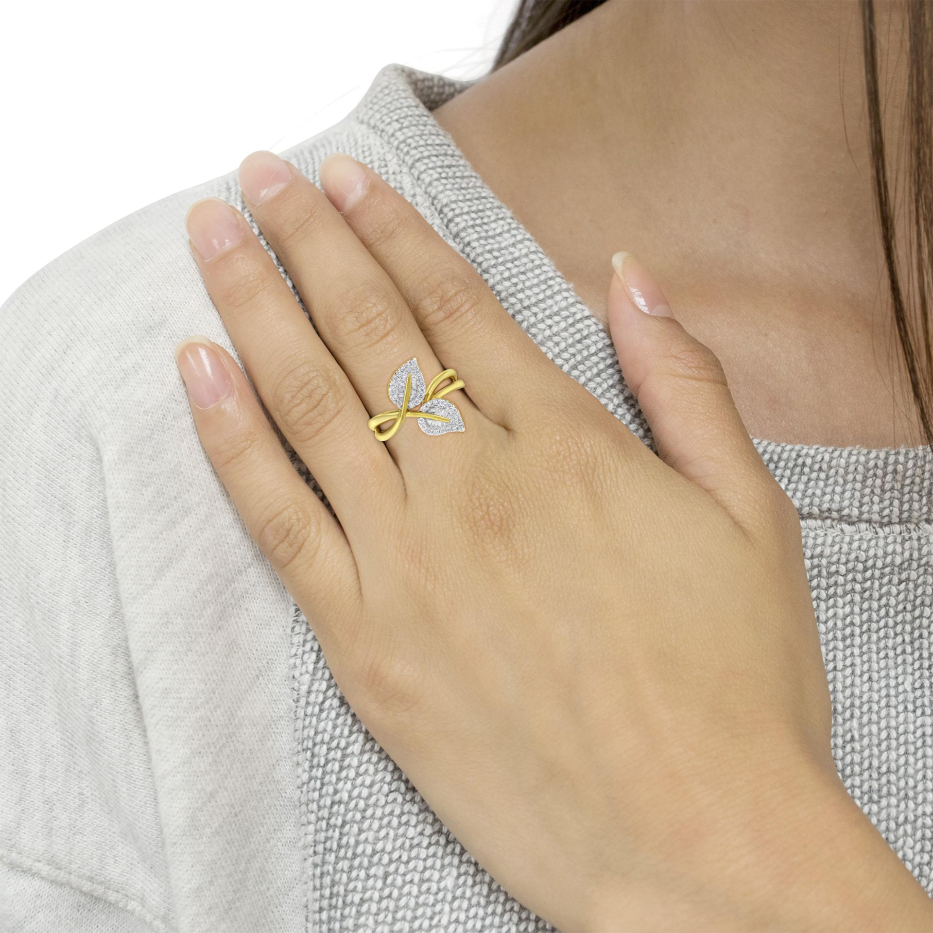 10K Yellow Gold 3/8 Cttw Round and Baguette-Cut Diamond Leaf Cocktail Ring (I-J Color, I1-I2 Clarity)