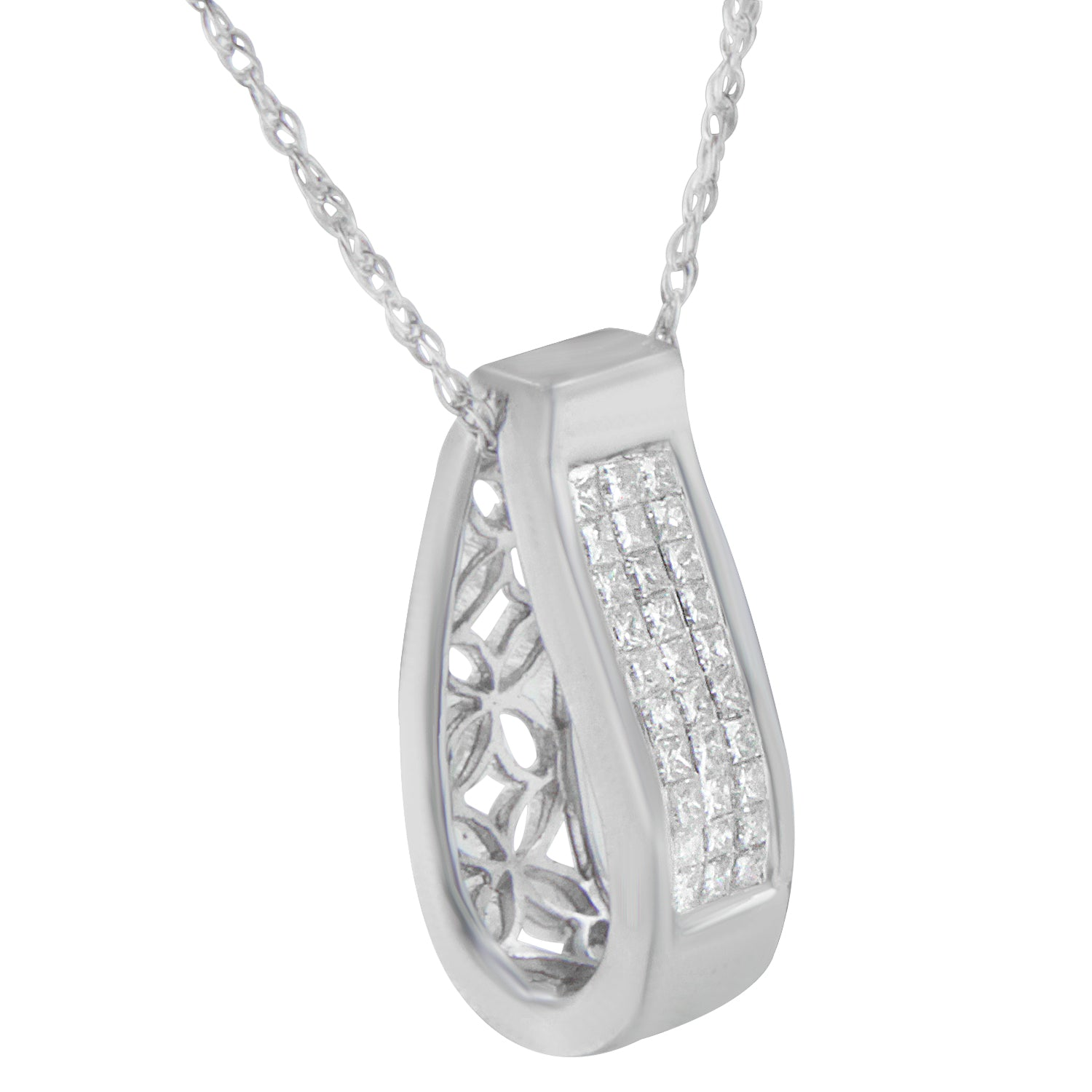 14K Gold 1/2 Cttw Invisible Set Princess Cut Diamond Vertical Bar Block Pendant 18" Necklace (H-I Color, SI2-I1 Clarity)