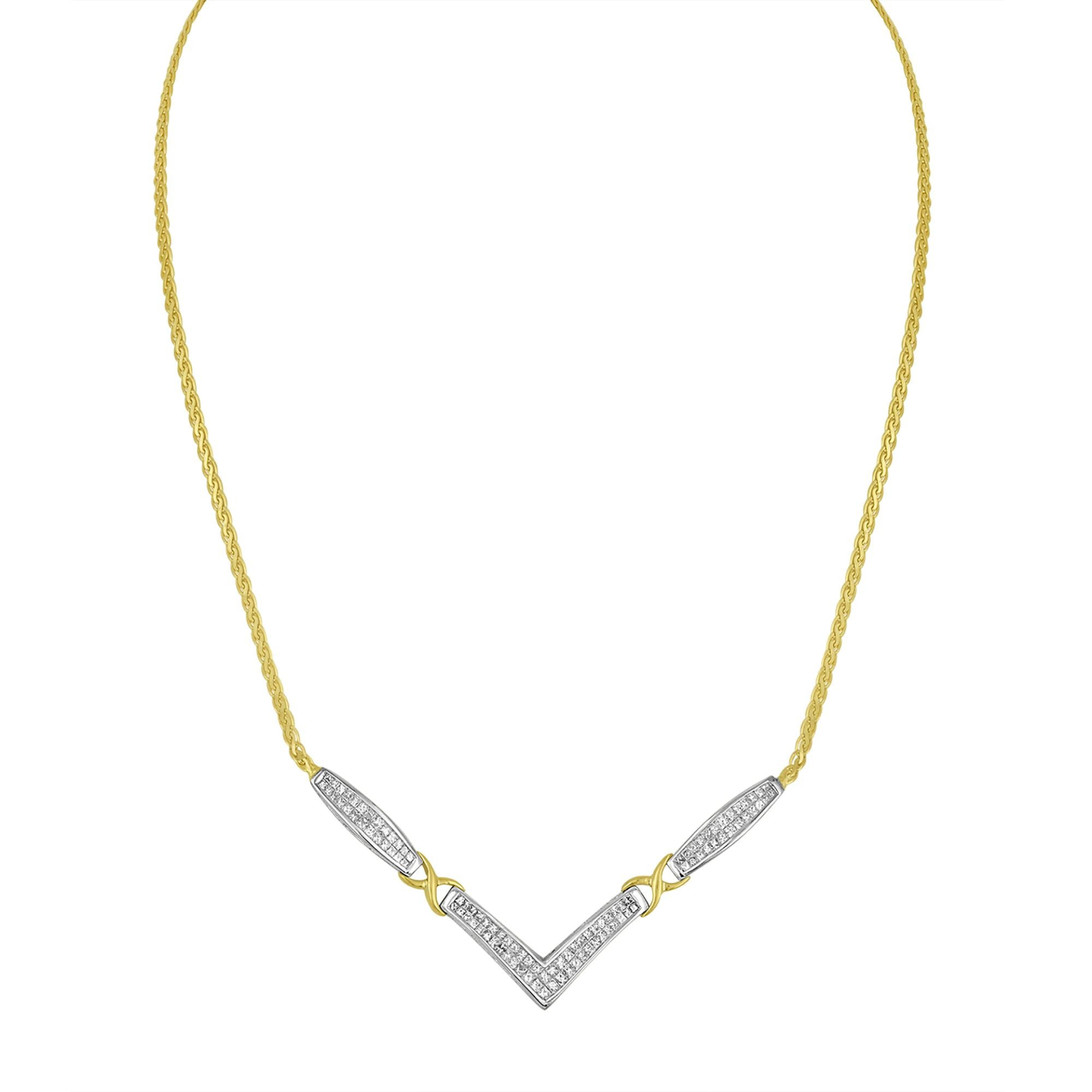 14K Yellow and White Gold 2.0 Cttw Princess Cut Diamond Flared and X-Station V Shaped 18” Franco Chain Statement Necklace (H-I Color, SI2-I1 Clarity)
