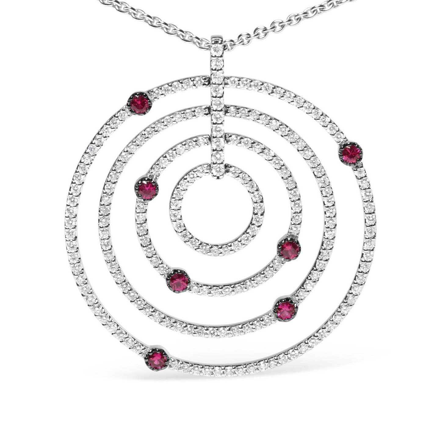 18K White Gold 2 1/6 Cttw Pave Set Diamonds and Red Ruby Openwork Circles 18" Pendant Necklace (G-H Color, SI2-I1 Clarity) - Adjustable up to 16" - 18"