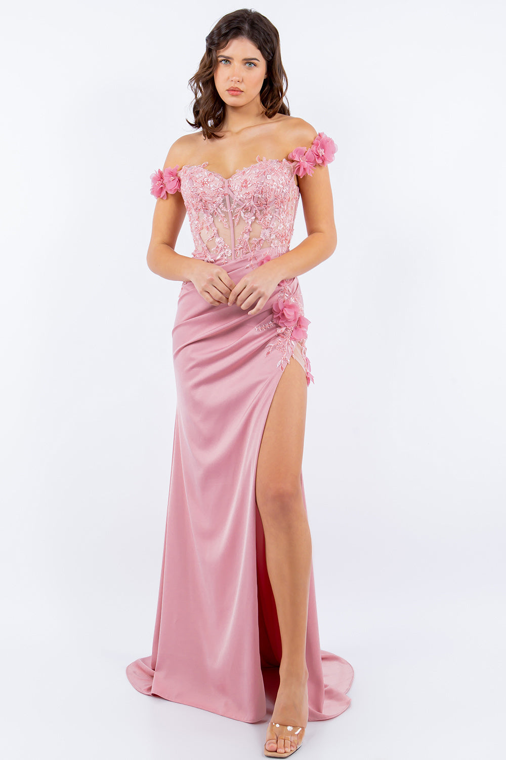 3D Floral Applique Off Shouler Fitted Skirt Side Slit Long Prom Dress CU8050J Elsy Style Prom Dress