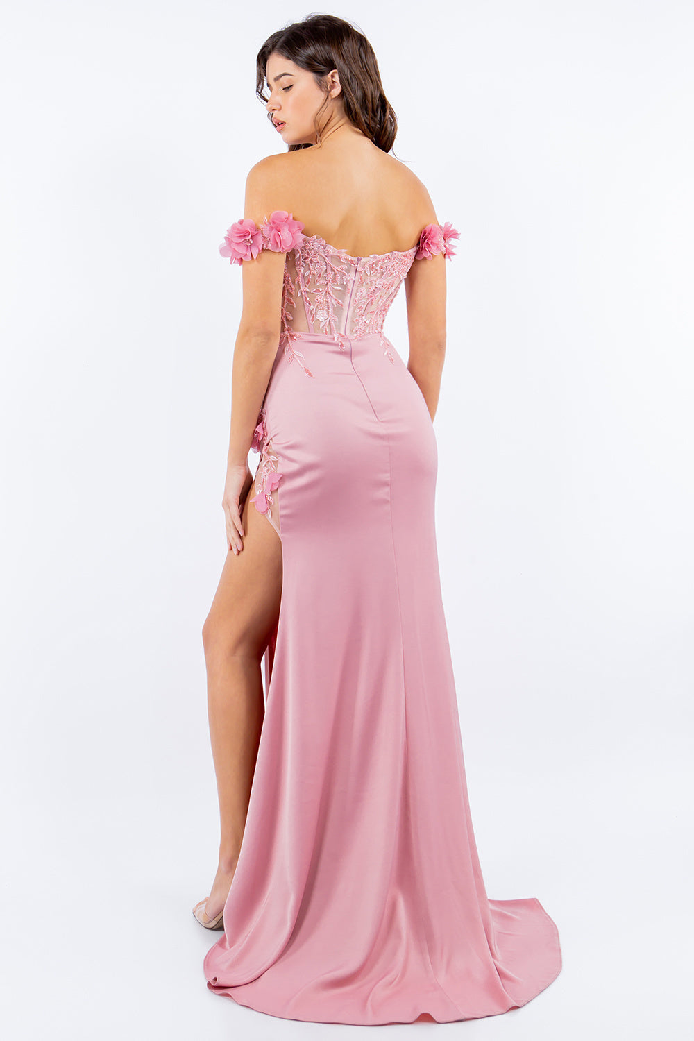 3D Floral Applique Off Shouler Fitted Skirt Side Slit Long Prom Dress CU8050J Elsy Style Prom Dress
