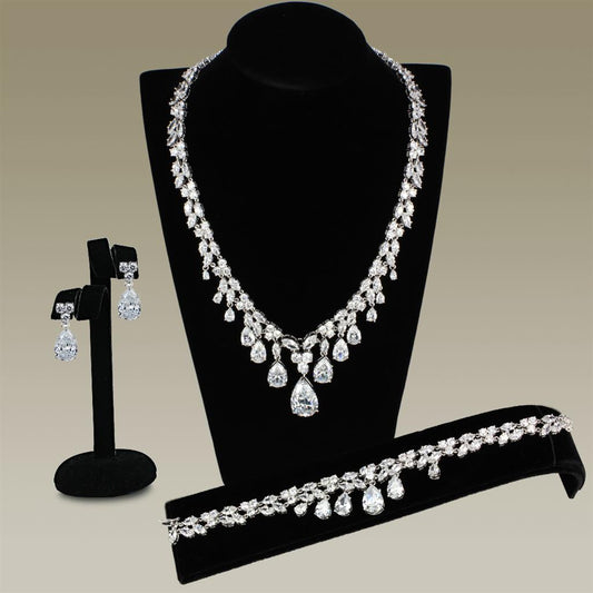 3W925 - Rhodium Brass Jewelry Sets with AAA Grade CZ  in Clear Elsy Style Jewelry Sets