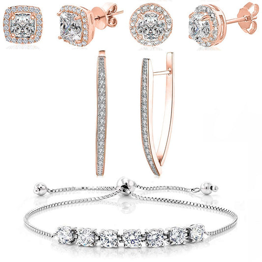 4 Piece Halo Set With Crystals 18K Rose Gold Plated Set in 18K Rose Gold Plated ITALY Design Elsy Style Set