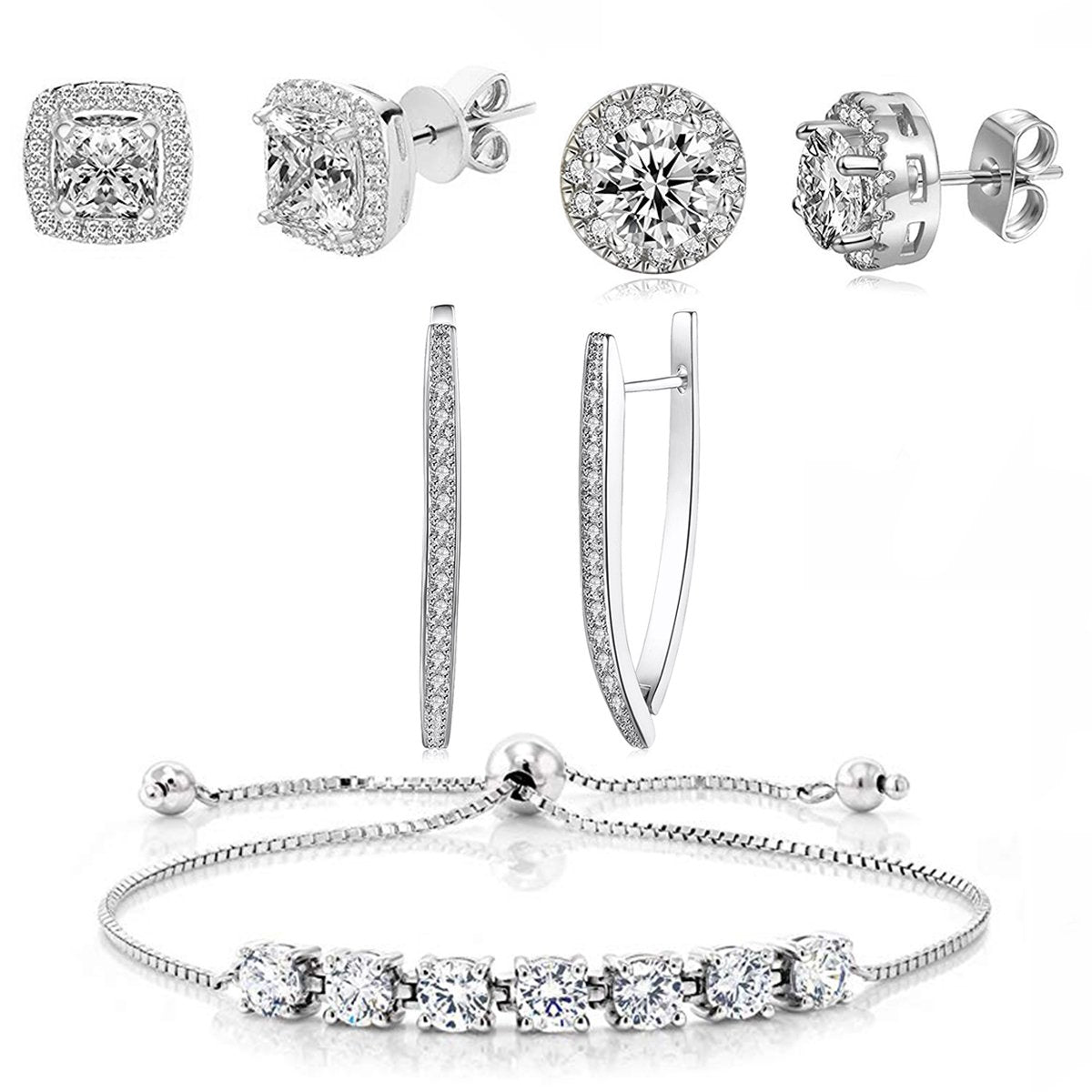 4 Piece Halo Set With Crystals 18K White Gold Plated Set in 18K White Gold Plated ITALY Design Elsy Style Set