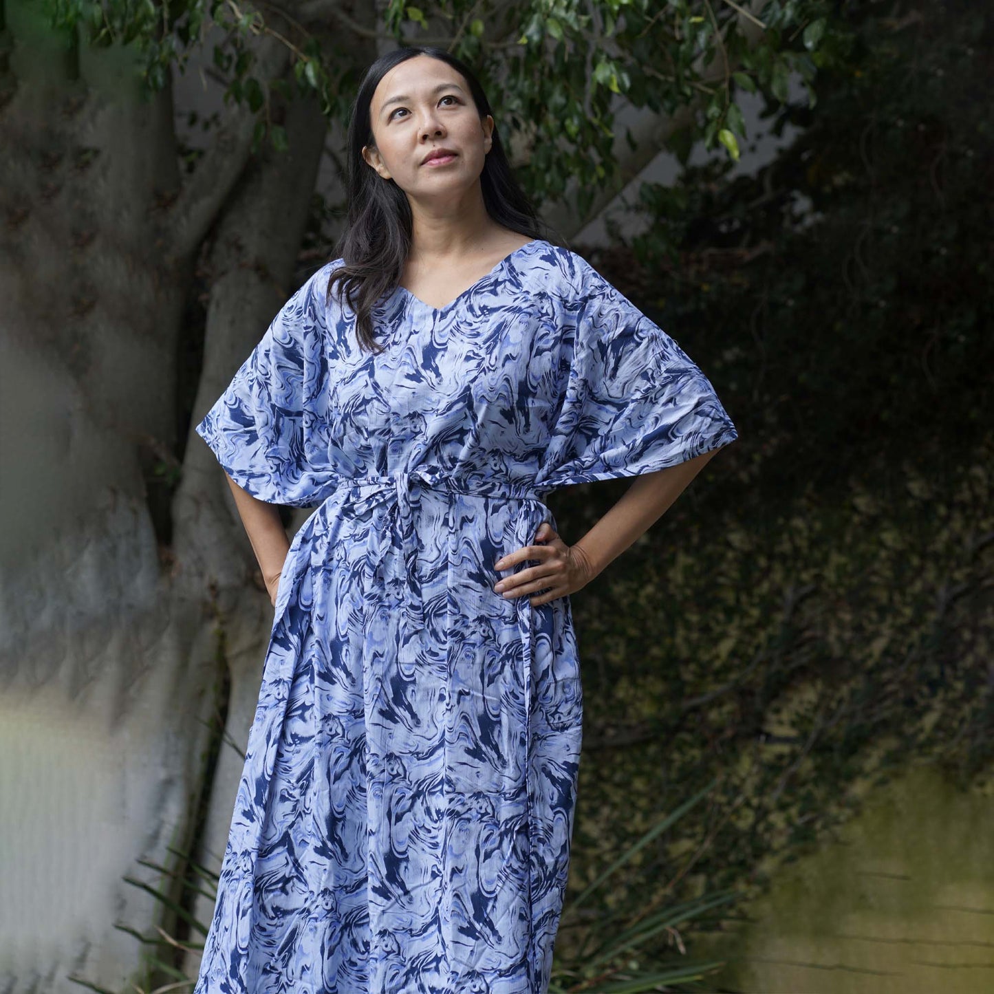 Kaftan Dress Rayon Blue Marble Lightweight