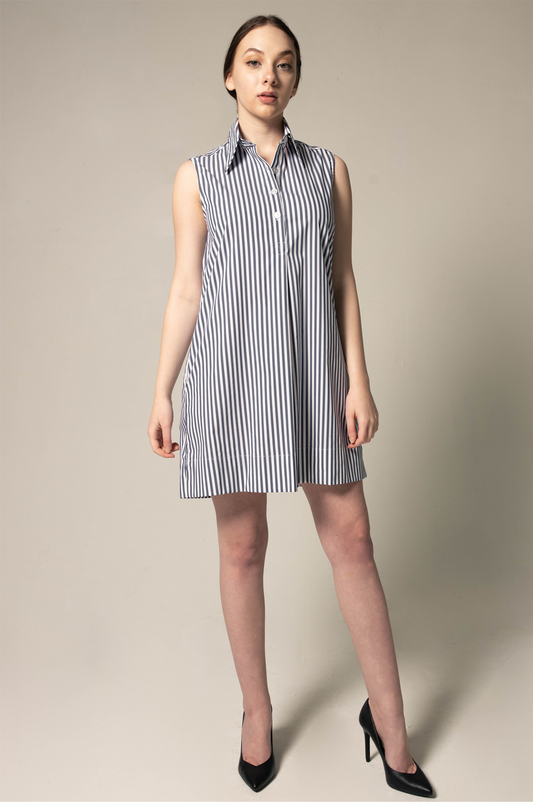 Italian Cotton Blue Stripe Sleeveless Dress – Elegant Summer Dress
