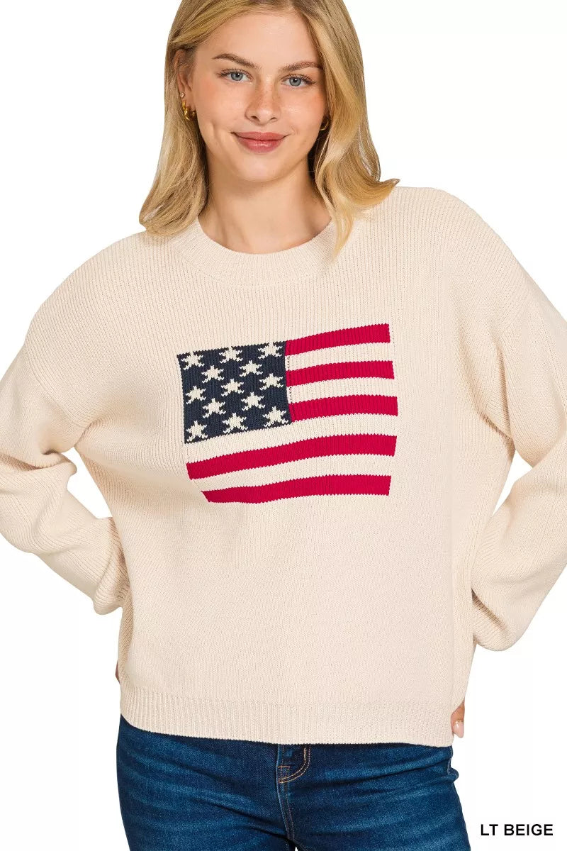 Zenana American Flag Crew Neck Sweater LT BEIGE