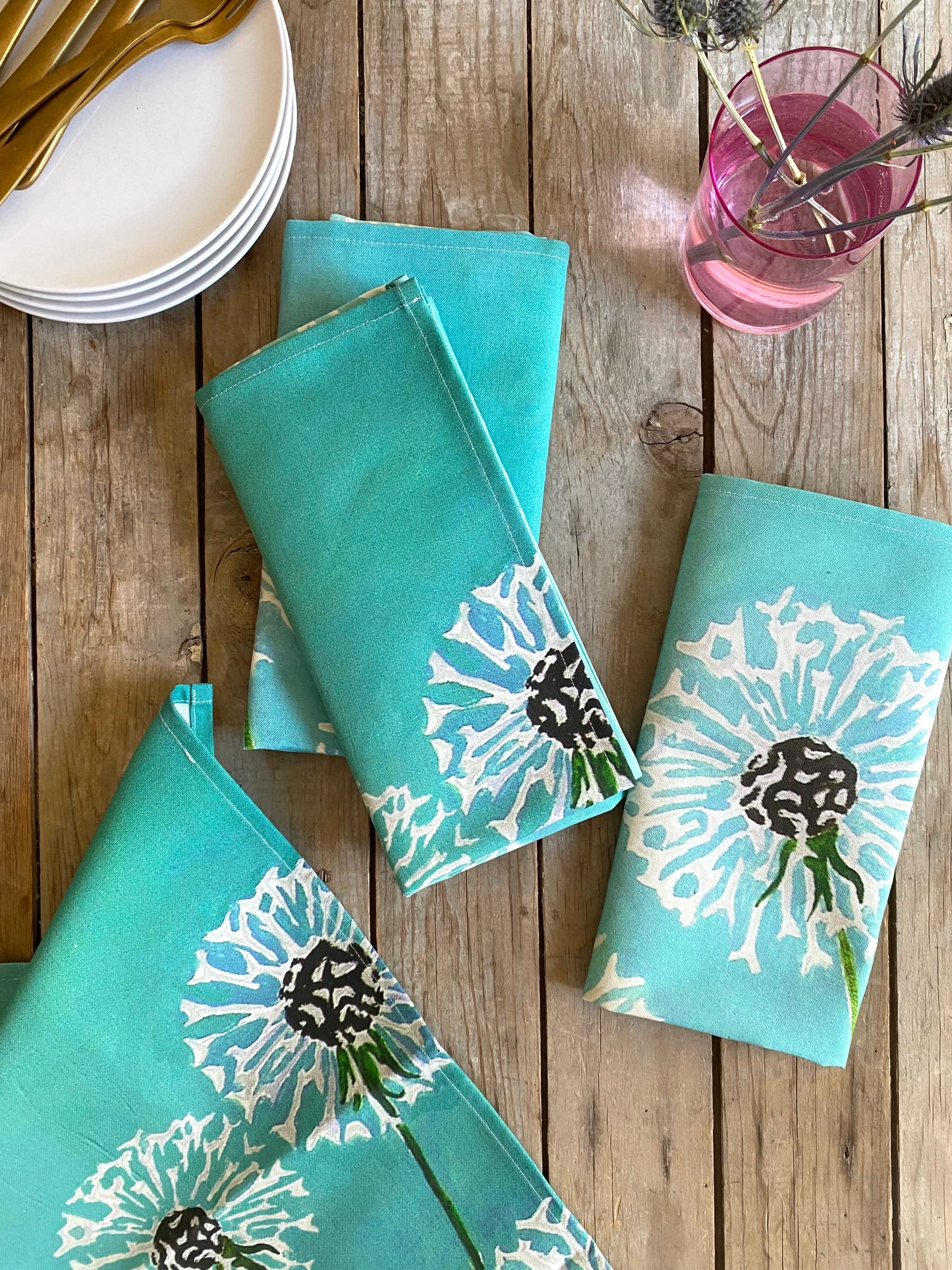 Napkin Set: Dandelions on Aqua
