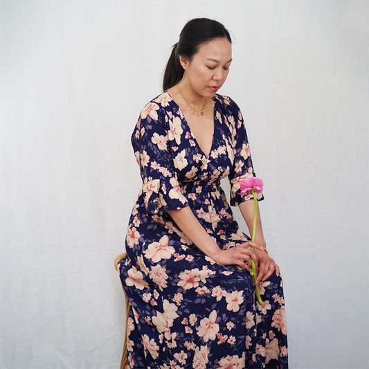 Kasih Co-op Dress Blue Trumpet Sleeve Over the Knee with White and Pink Floral Pattern
