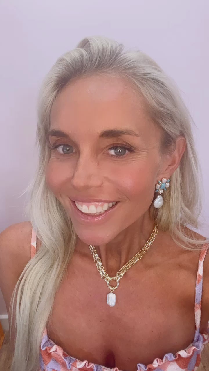 Turquoise and Pearl Flower Earrings