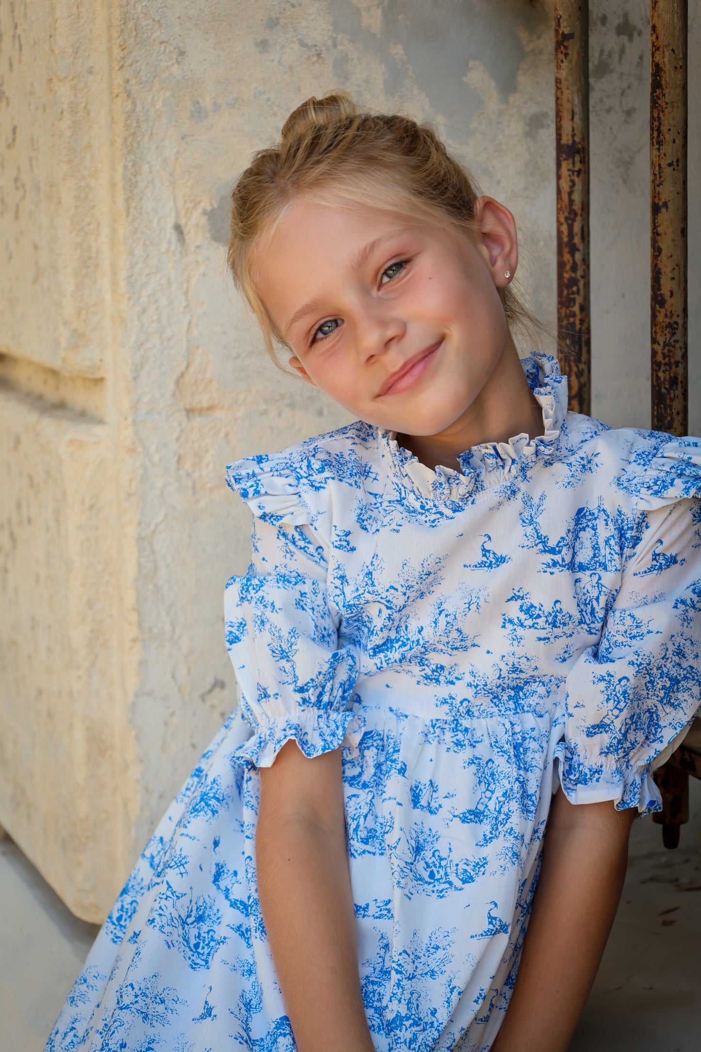 Aoki Dress-Blue Toile | Three-Quarter Sleeve