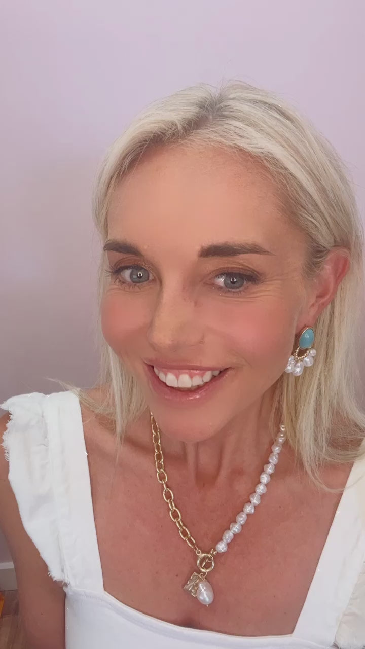 Round Turquoise Earrings with Pearl Accents