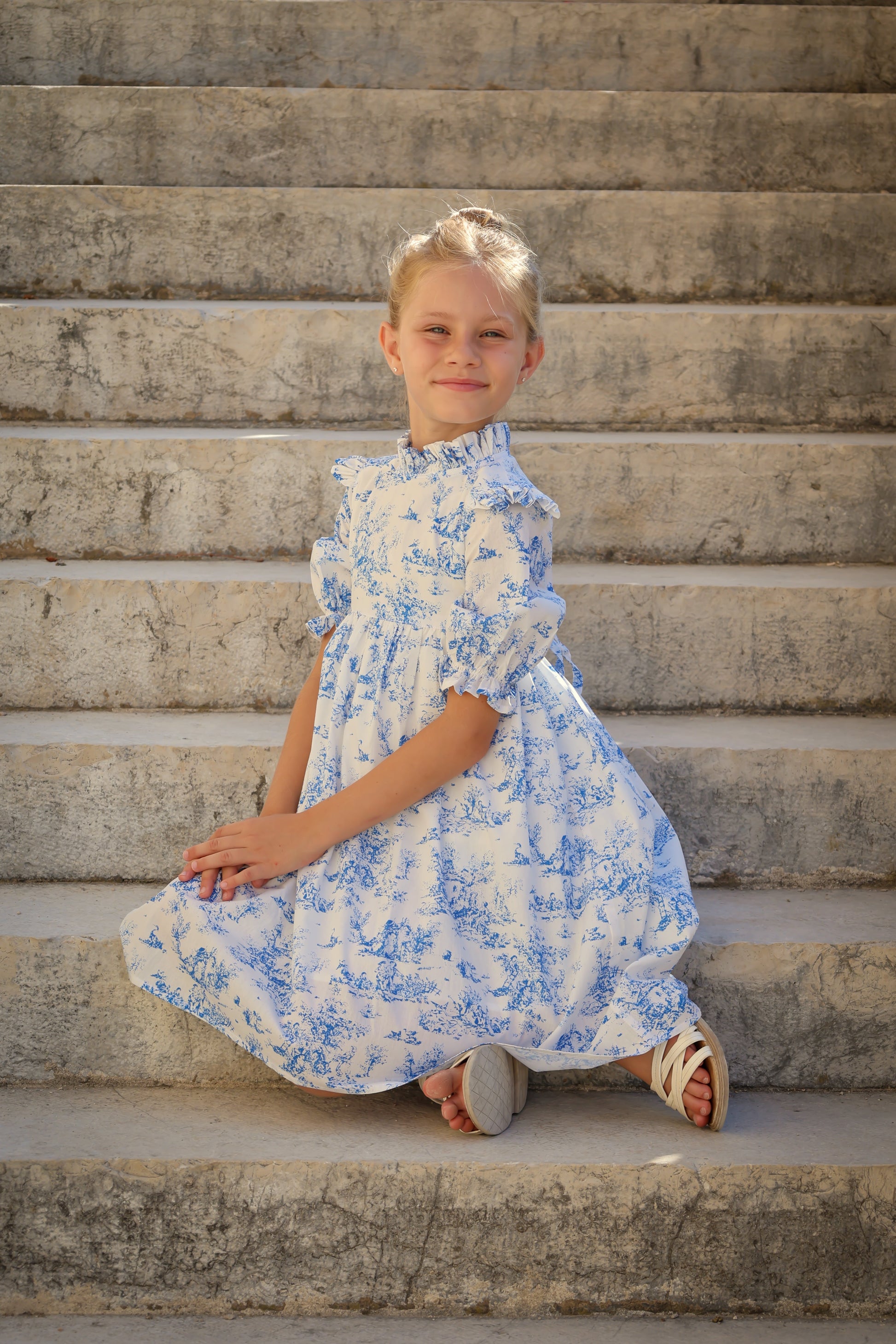 Aoki Dress-Blue Toile | Three-Quarter Sleeve