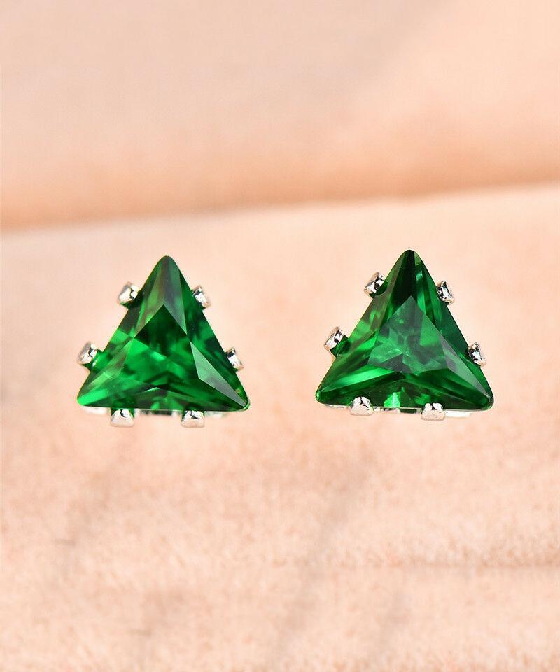 6mm Triangle Stud Earring With Austrian Crystals - Green in 18K White Gold Plated ITALY Design Elsy Style Earring
