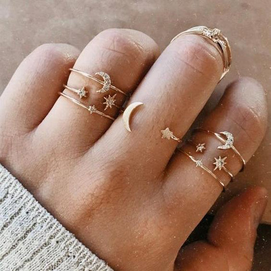 7 Piece Moon & Stars Ring Set With Austrian Crystals 18K Gold Plated Ring in 18K Gold Plated ITALY Design Elsy Style Ring