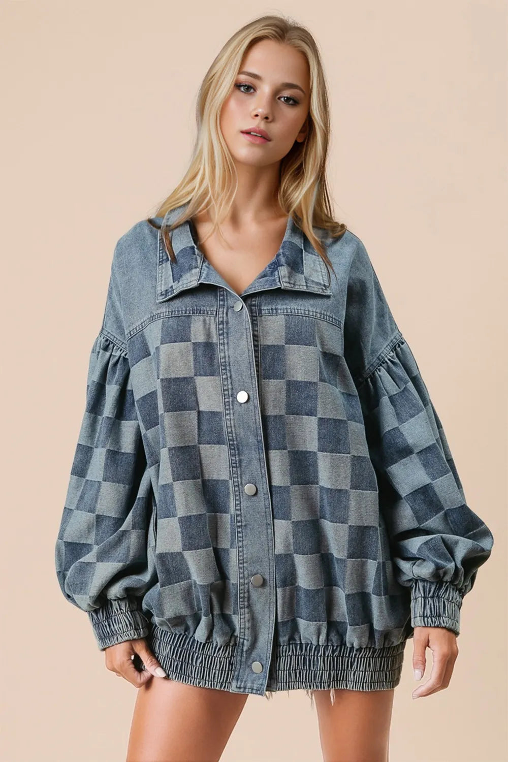 Double Take Checkered Button Up Denim Jacket Medium
