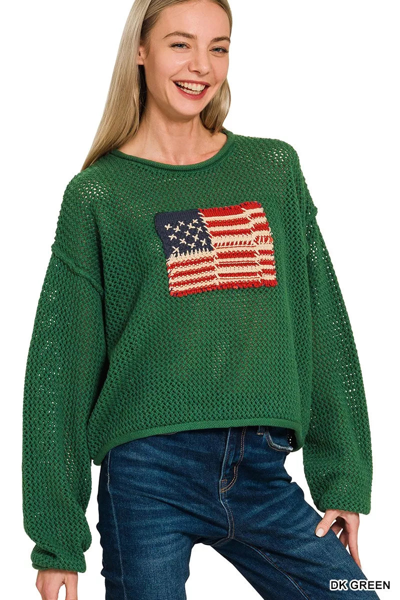 Zenana Zenana American Flag Crew Neck Sweater DK GREEN