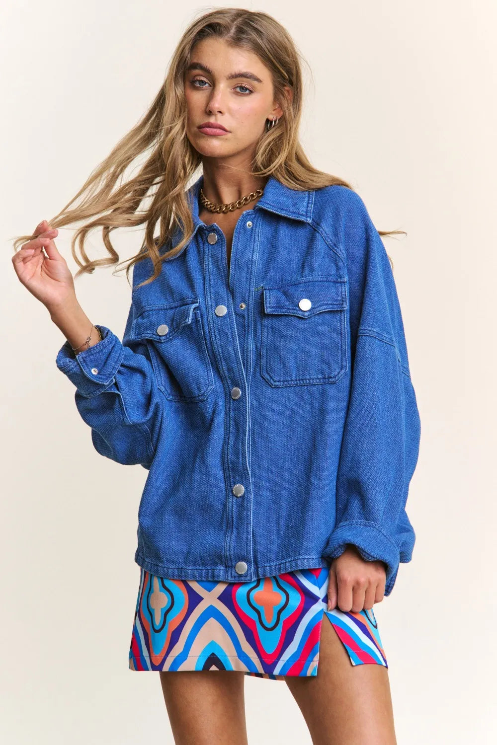 J.NNA Snap Down Long Sleeve Denim Shacket Dark Denim