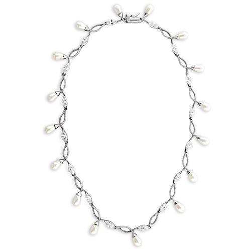 7X420 - Rhodium 925 Sterling Silver Necklace with Synthetic Pearl in White Elsy Style Necklace