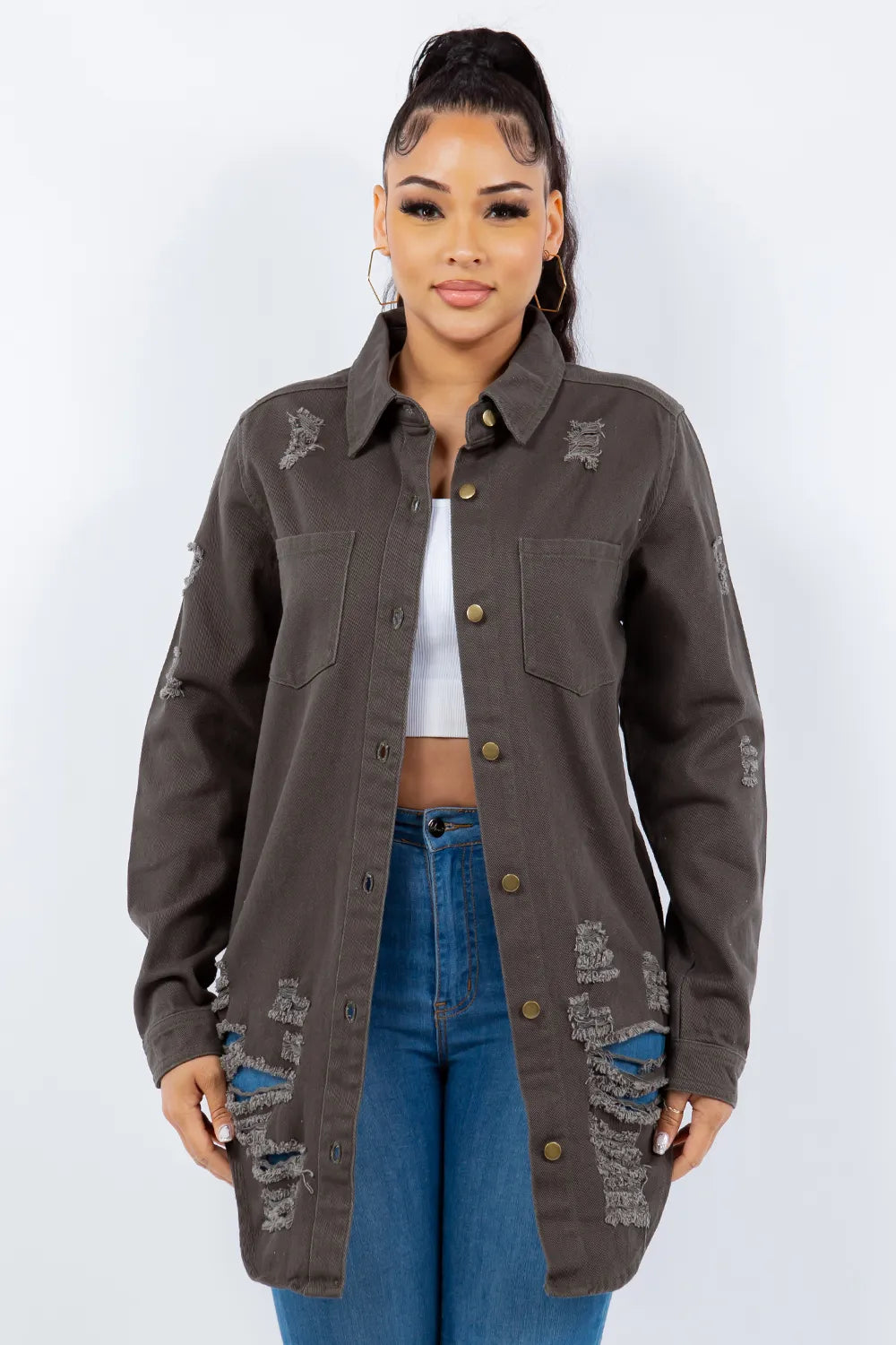 American Bazi Distressed Button Up Long Sleeve Denim Jacket Gray