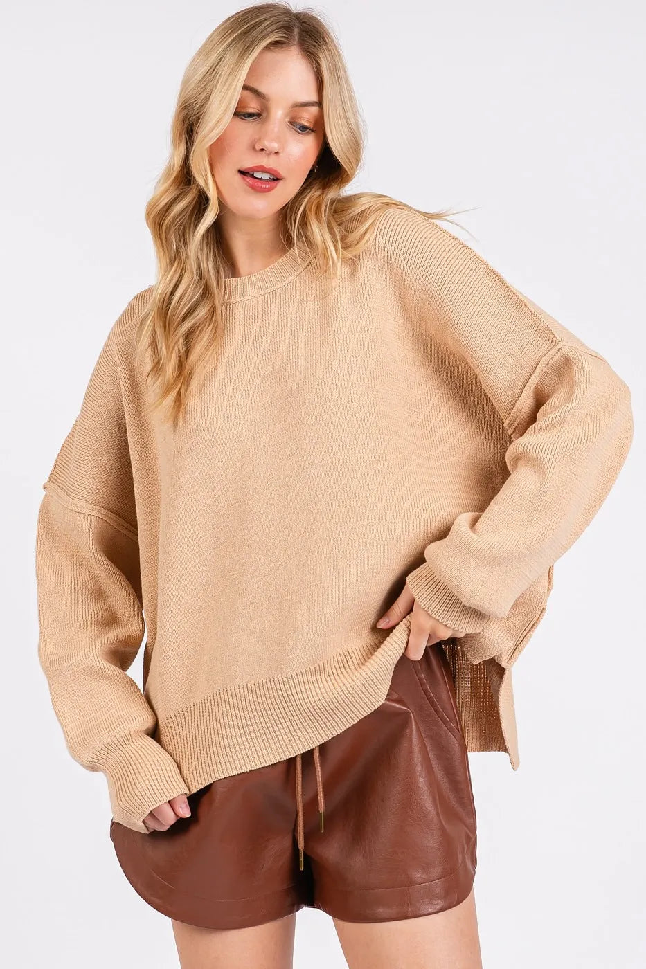 Mittoshop Side Slit Round Neck Drop Shoulder Sweater Tan