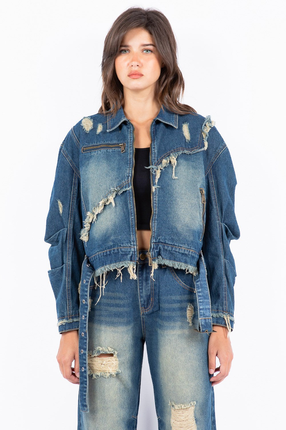 American Bazi Full Size Distressed Frayed Edge Zip Up Denim Jacket Plus Size Medium
