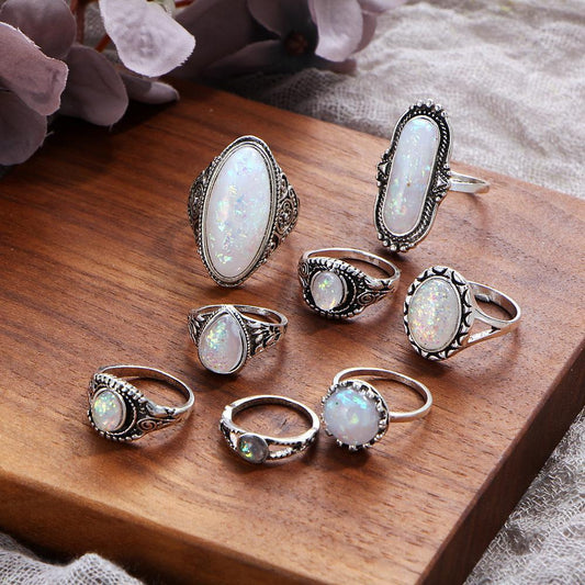 8 Piece Opal Created Oxidized Ring Set With Austrian Crystals 18K White Gold Plated Ring ITALY Design Elsy Style Ring