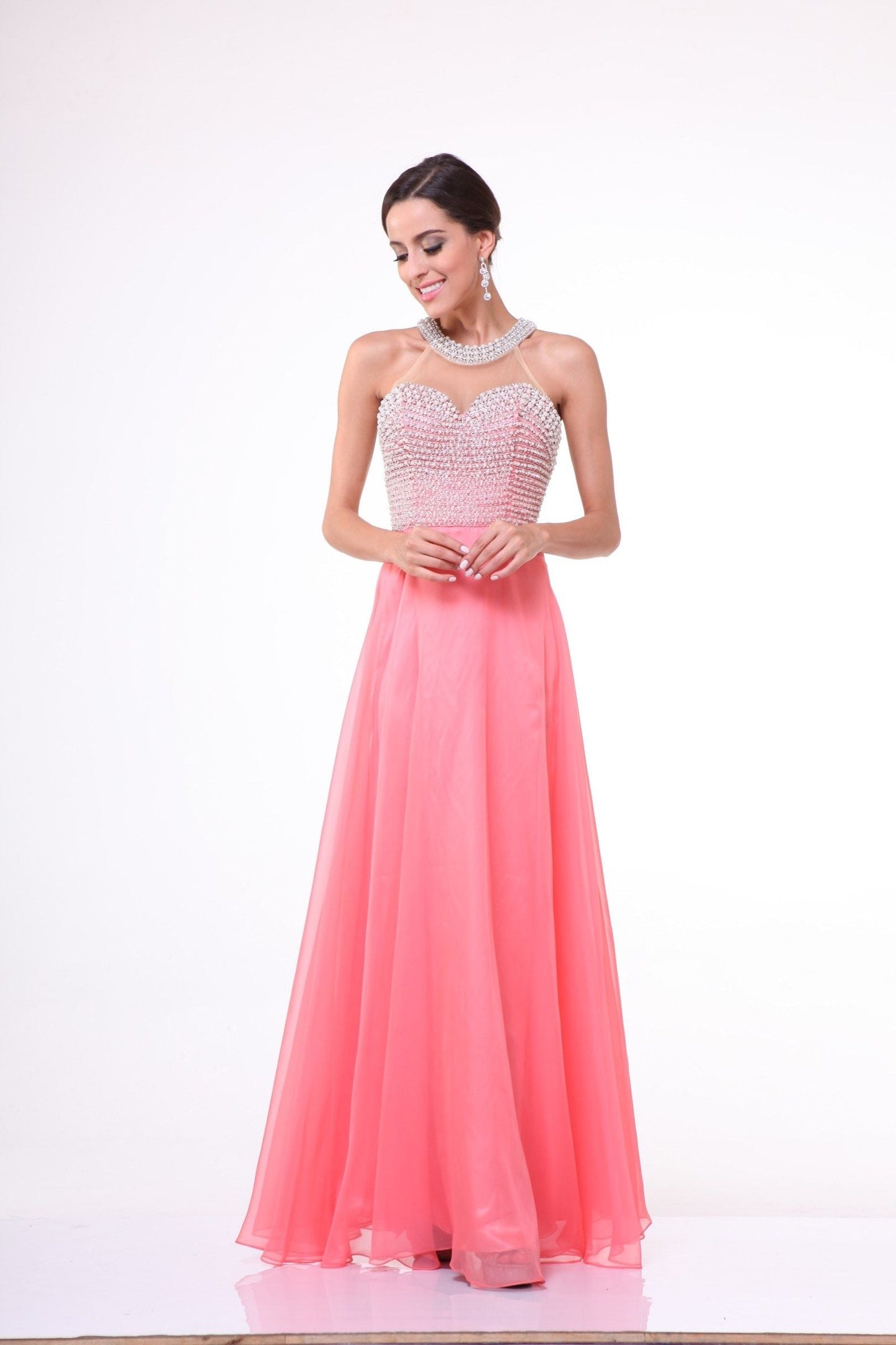 Illusion High Halter on Chiffon Dress