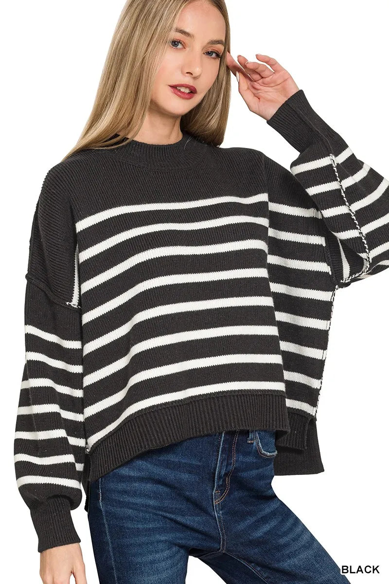 Zenana Exposed Seam Striped Oversized Sweater BLACK