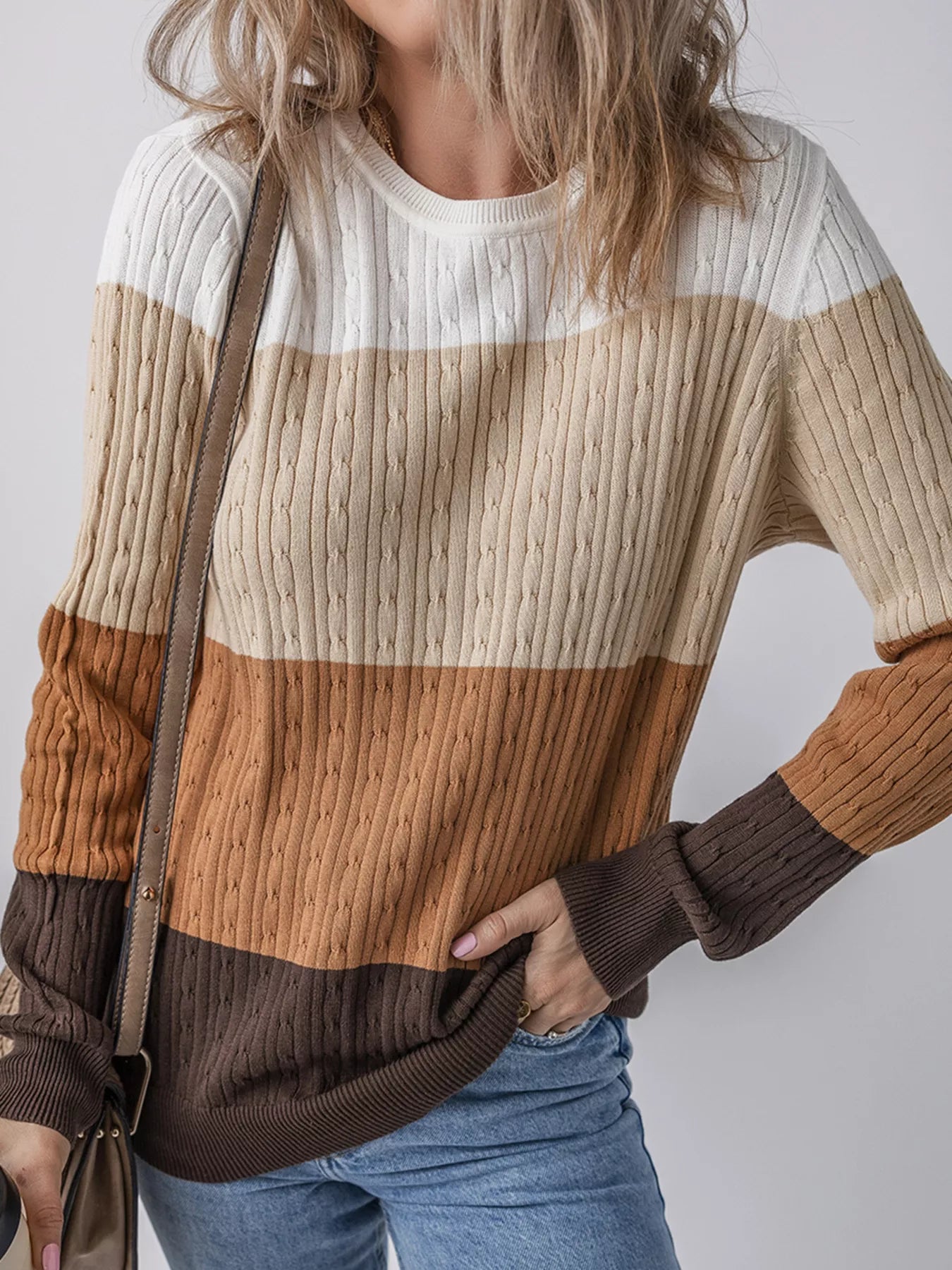 Colorblock Cable Knit Round Neck Sweater Multicolor