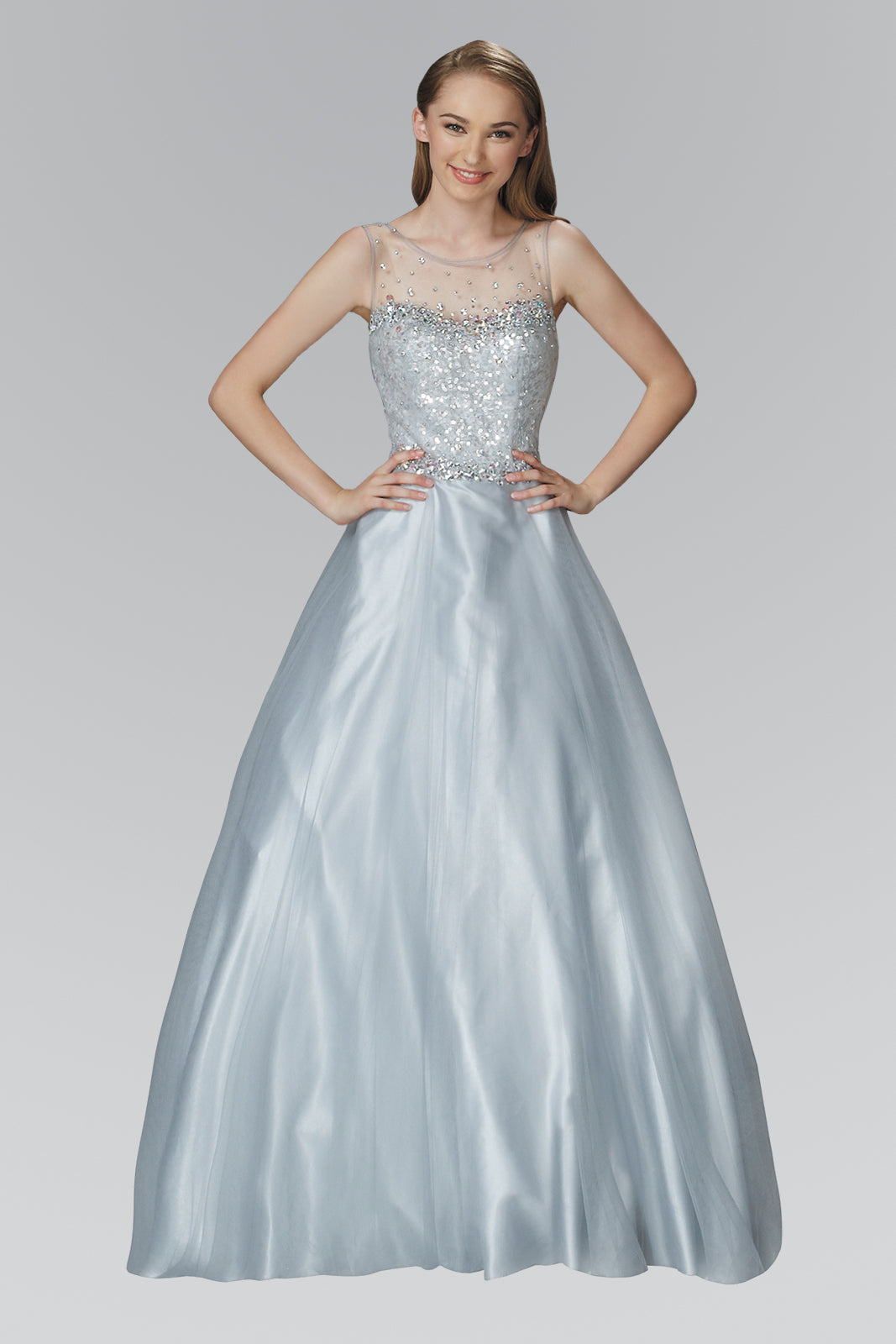 A-Line Long Dress with Sequin Embellished Sheer Bodice and back GLGL2111 Elsy Style PROM