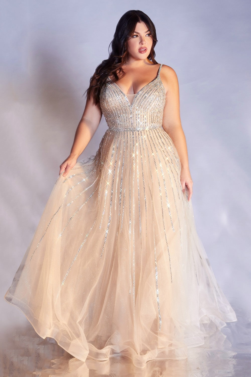 A-Line Luxury Embellished Prom Gown Deep V-Neckline Backless Bodice with Spaghetti Straps Radiant Glitter Layered Skirt CDCD940C Elsy Style Prom Dress