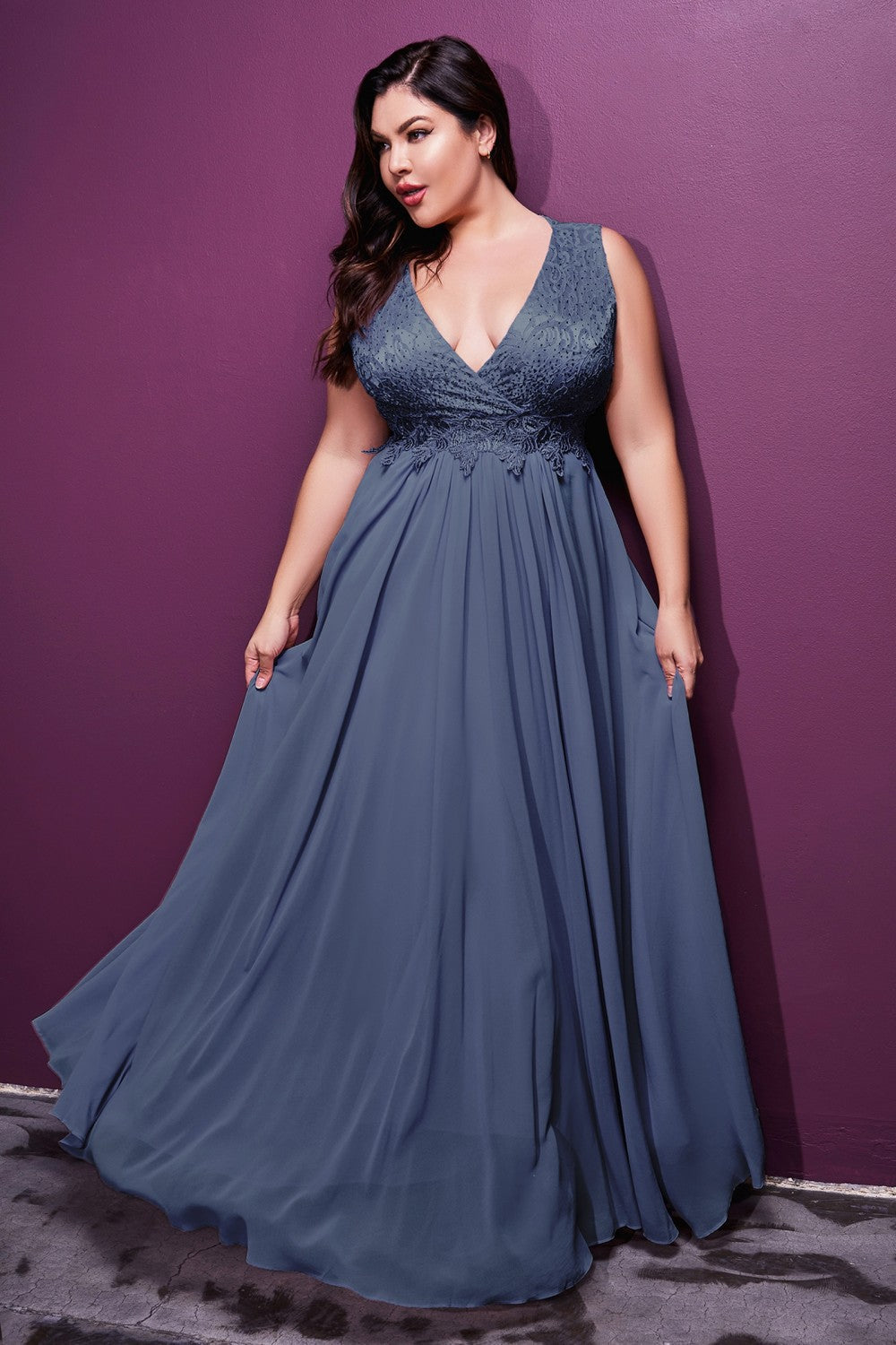 A-line Curve Chiffon Prom & Bridesmaid Dress Evening Plus Size Charming Tender Gown Laced Vintage V-neck Tank Strap Bodice CDS7201 Sale Elsy Style All Dresses