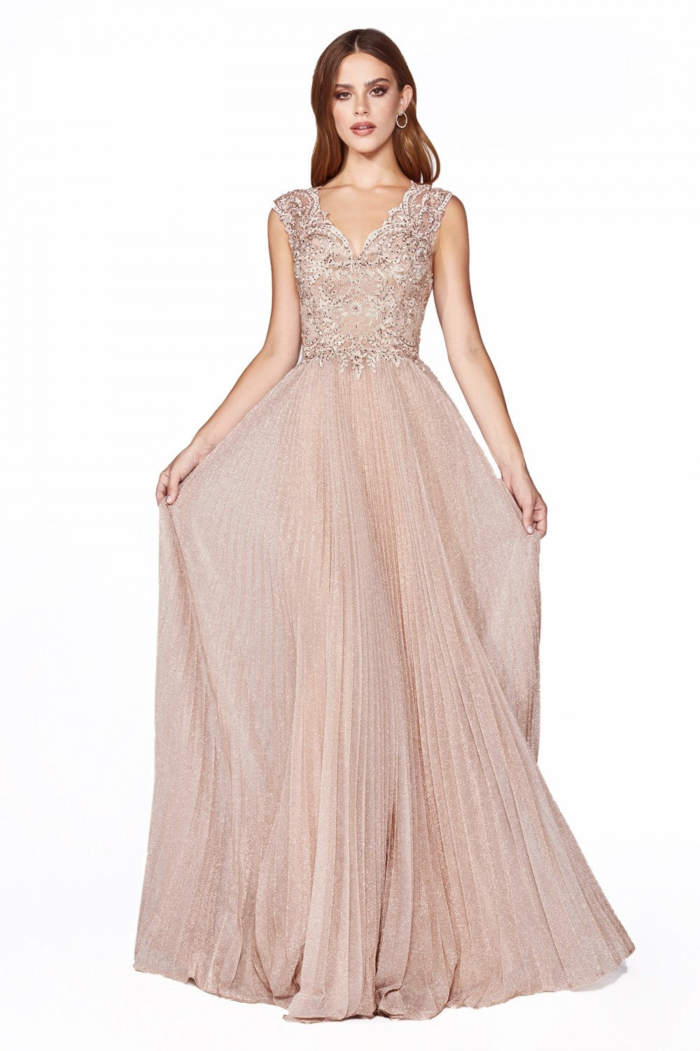 A-line Metallic Pleated Bridesmaid & Mother of Bride Dress Modest Cap Sleeve Bodice Scalloped neckline Elegant A-line Gown CDHT011 Elsy Style Mother of the Bride Dress