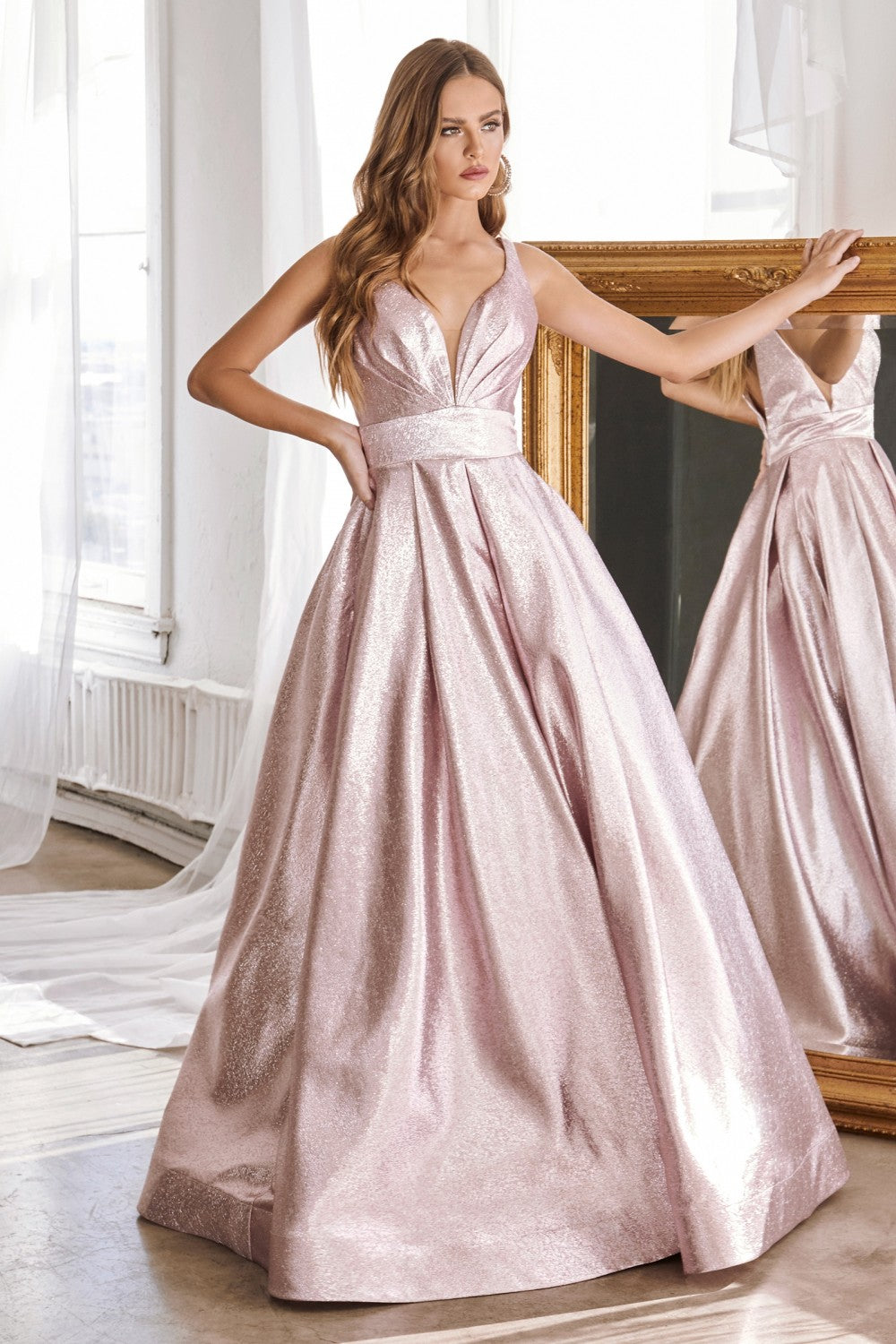A-line Metallic Prom & Ball Gown Pleated Bustline with V-neck and Pointy Open Back Glittery Princess Skirt with Pockets CDCR850 Elsy Style Prom Dress