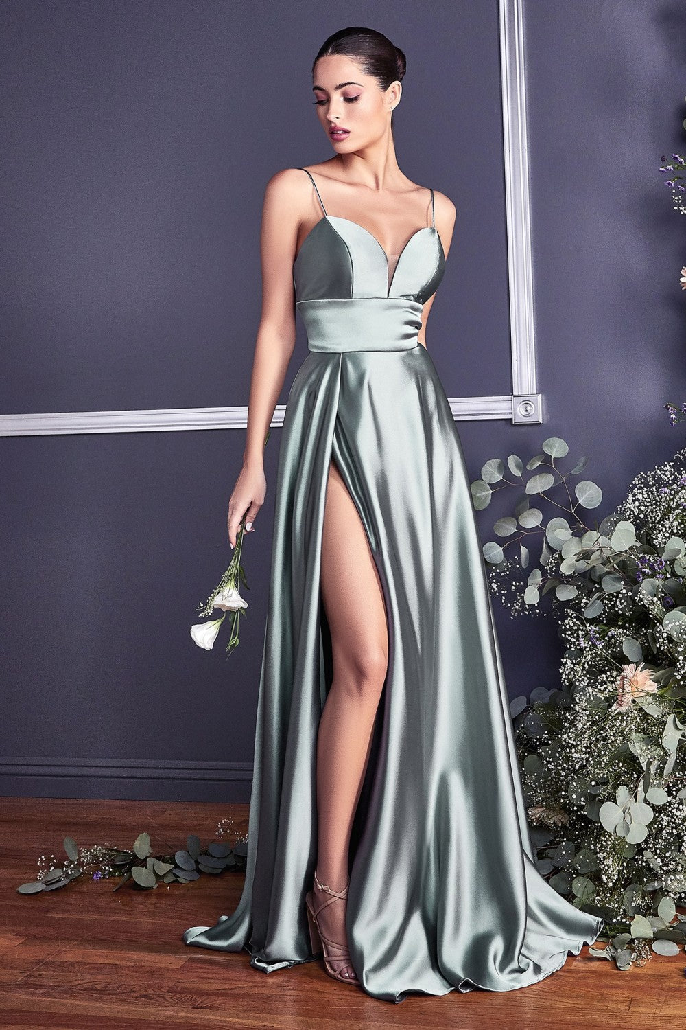 A-line Satin Prom & Bridesmaid Gown Illusion V-neckline Strap Dress Fitted on a waist style with Hugh Leg Slit CDCJ523 Elsy Style Evening Dress
