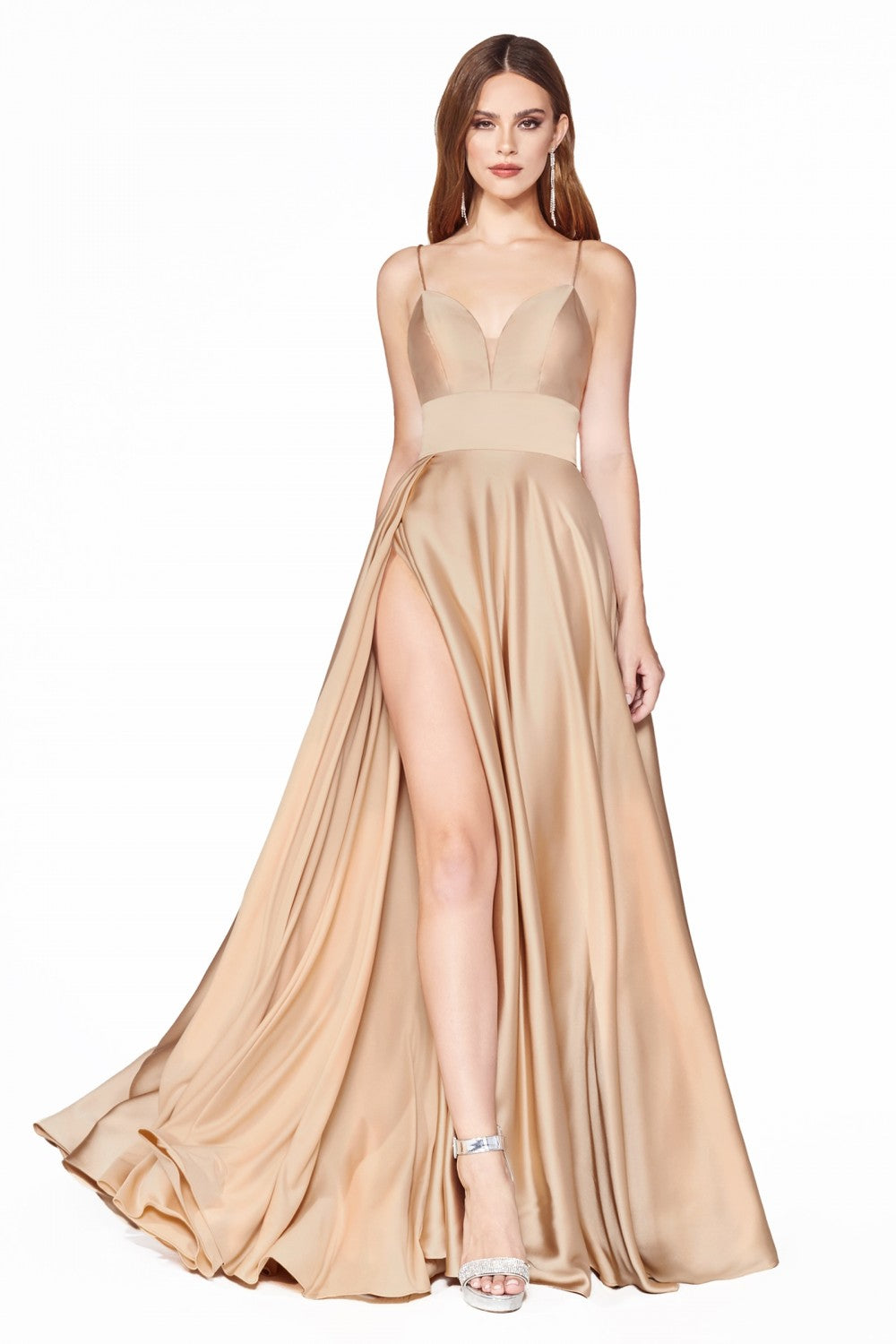 A-line Satin Prom & Bridesmaid Gown Illusion V-neckline Strap Dress Fitted on a waist style with Hugh Leg Slit CDCJ523 Elsy Style Evening Dress