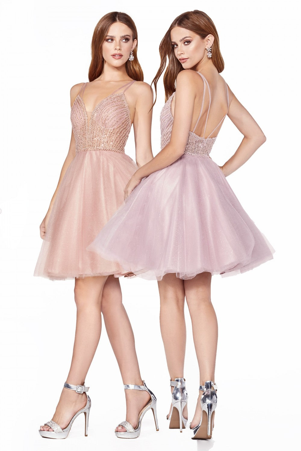 A-line Short Cocktail & Homecoming Dress Embellished Sleeveless Bodice Layered Tulle Glitter Skirt Playful Backless Style CDCD0148 Elsy Style Cocktail Dress