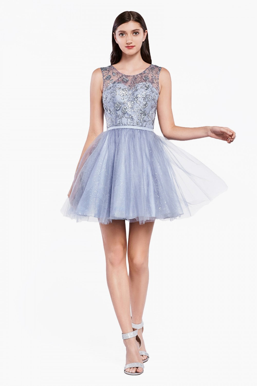 A-line Short Dress Glitter detailed Bodice and Illusion Neckline Mini Cocktail & Semi Formal Gown Layered Tulle A-Line Skirt CDCD20 Elsy Style Cocktail Dress
