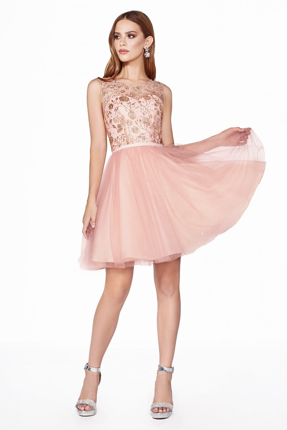 A-line Short Dress Glitter detailed Bodice and Illusion Neckline Mini Cocktail & Semi Formal Gown Layered Tulle A-Line Skirt CDCD20 Elsy Style Cocktail Dress