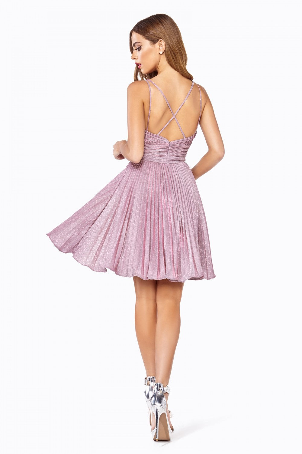 A-line Short Dress Pleated Cocktail Mini Gown Glittery Prom Dresses Backless Criss Cross Back CDAM391 Elsy Style Cocktail Dress