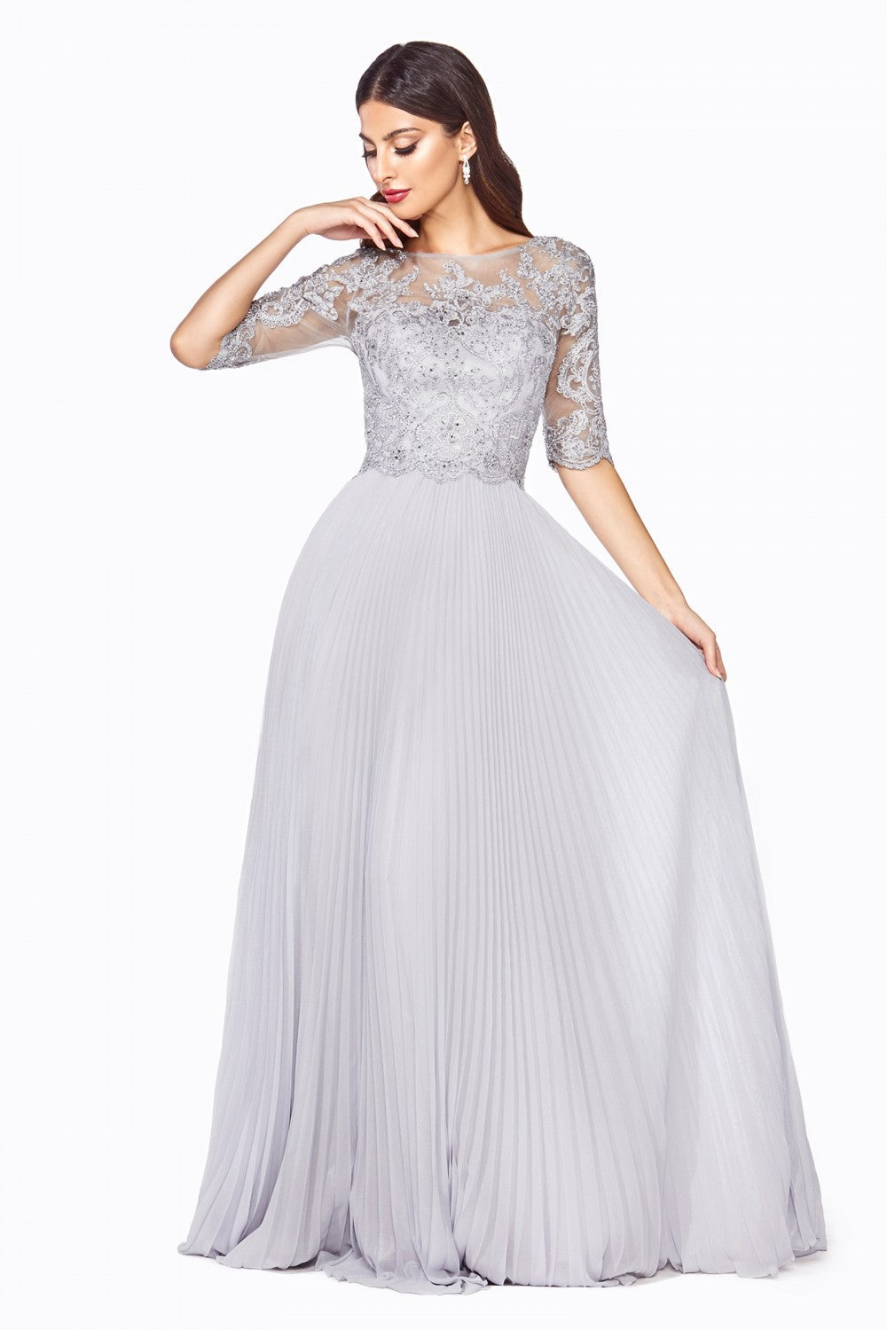A-line dress with pleated chiffon skirt and lace three-quarter sleeve bodice. CDHT090 Elsy Style All Dresses