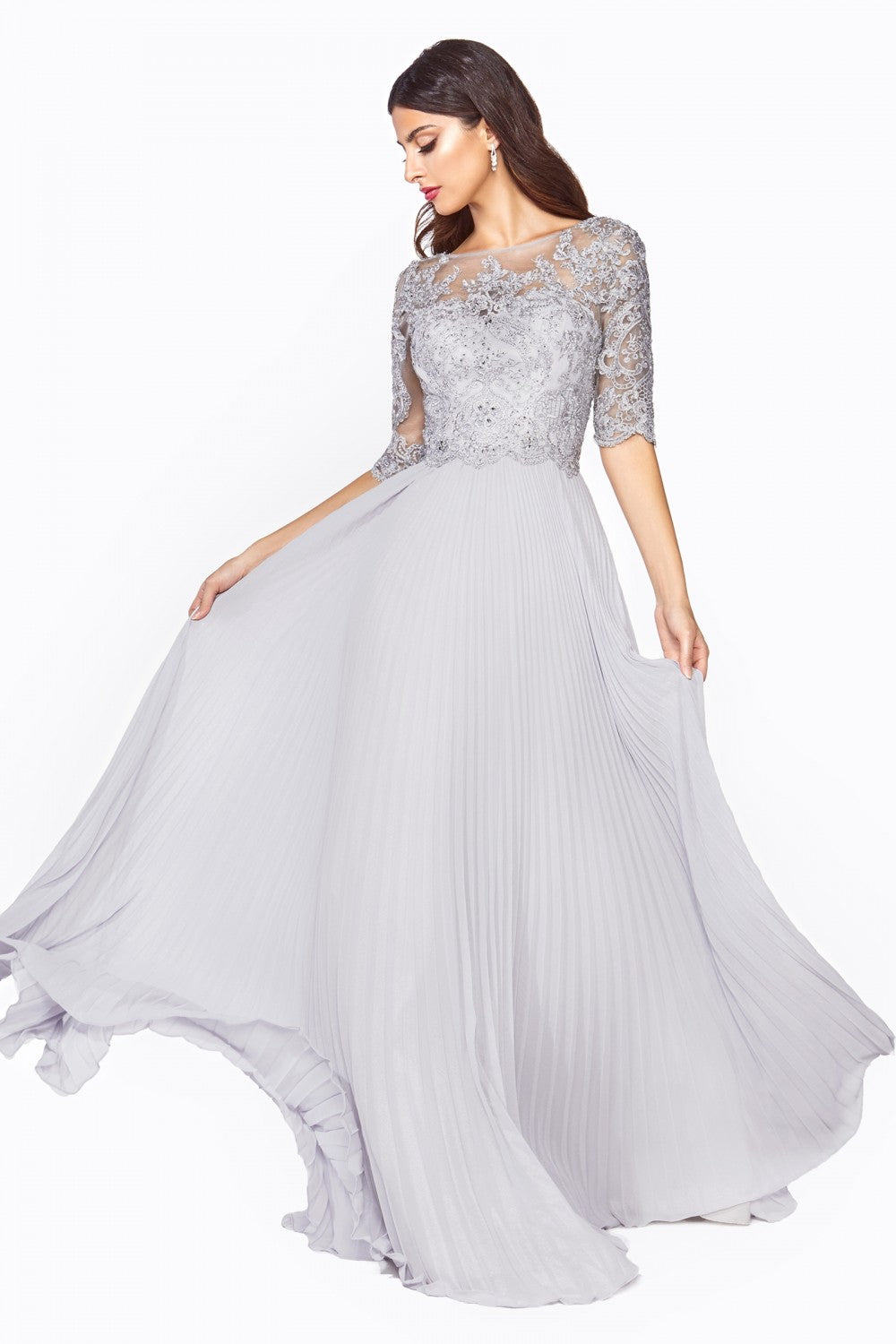 A-line dress with pleated chiffon skirt and lace three-quarter sleeve bodice. CDHT090 Elsy Style All Dresses