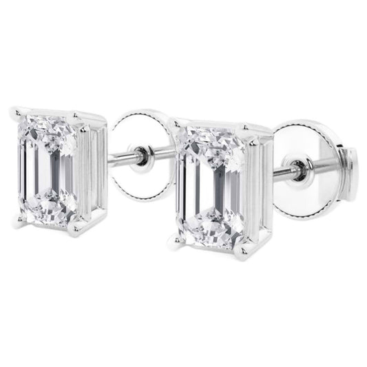 AGI Certified Lab Grown Emerald Cut Diamond Stud Earrings In 14K White Gold