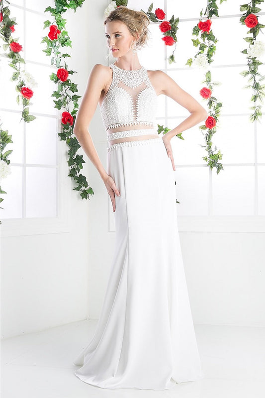 Beaded Bodice Sateen Sheath High Neck Long Bridesmaid Dress CDCR749 Elsy Style Bridesmaid Dress