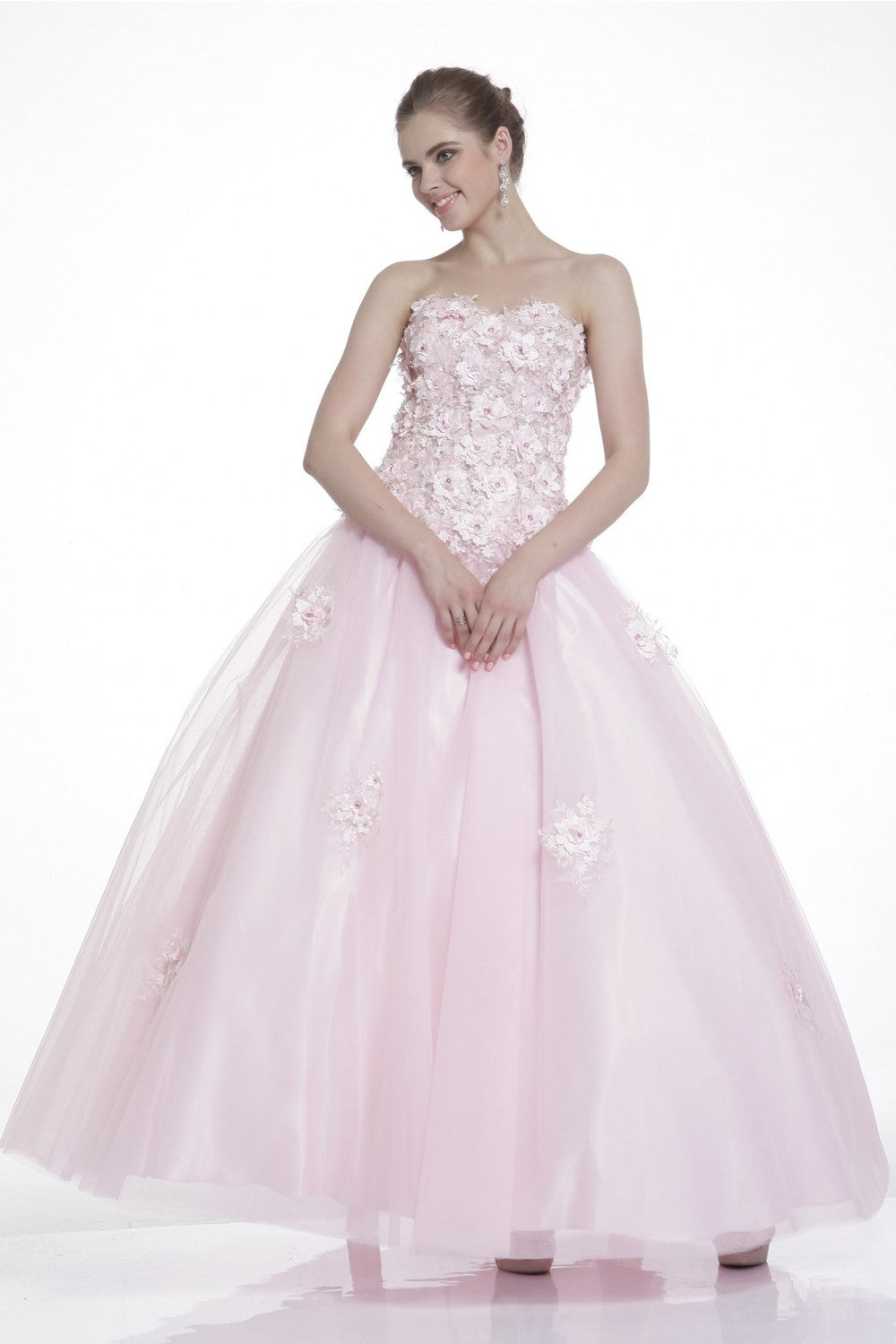 Beaded Flower Applique Tulle Strapless Long Ball Gown CD2222 Elsy Style Prom Dress
