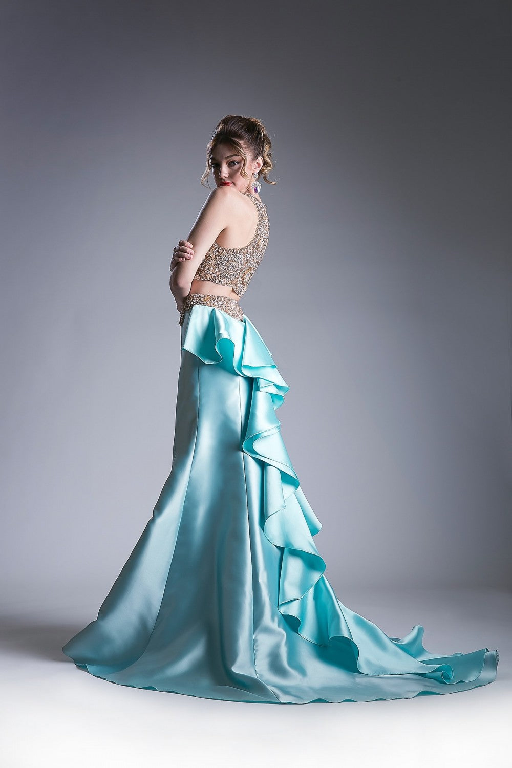 Beaded Satin 2 Piece Mermaid Prom & Bridesmaid Gown Sequin Luxury Evening Gala Night Halter Bodice Ruffled Mermaid Fit Skirt CD5045 Elsy Style Prom Dress
